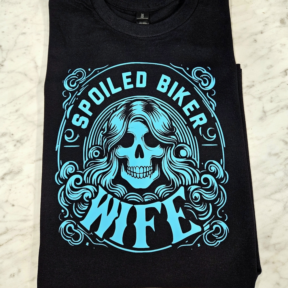 Biker wife shirt cute skull motorcycle rider riding wifey black and blue